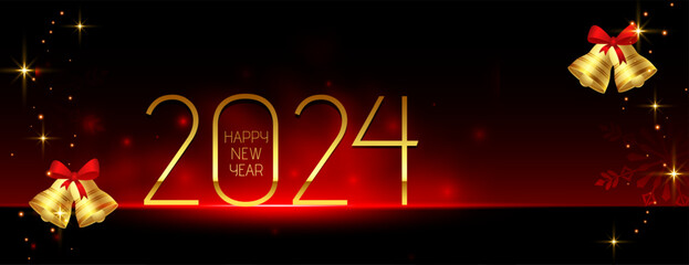 2024 new year greeting banner with golden xmas bell design