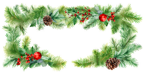 Fototapeta na wymiar Floral Christmas banner with space for text. Pine branches, ilex, red berries on white background