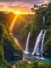 charming vivid HDR illustration of jungle with waterfall and sunset rays in the background. Generative Ai.