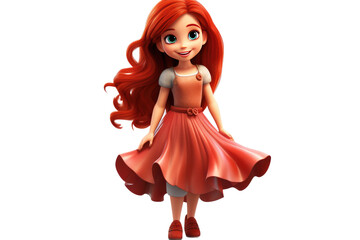 Cheerful 3D Cartoon Girl with Red Outfit Isolated on Transparent Background