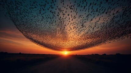 A flock of starlings taking flight, their synchronized movements creating a mesmerizing spectacle. - obrazy, fototapety, plakaty