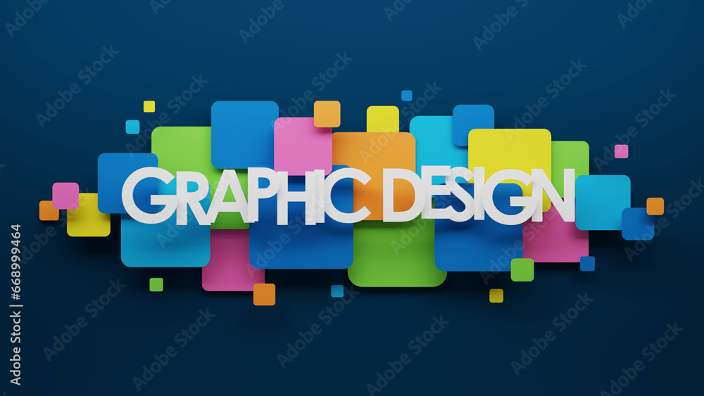 Poster 3d render of graphic design typography with colorful squares on dark blue background