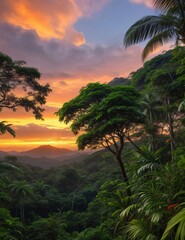 Fototapeta na wymiar charming vivid HDR illustration of jungle with waterfall and sunset rays in the background. Generative Ai.