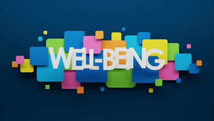 3D render of WELL-BEING typography with colorful squares on dark blue background