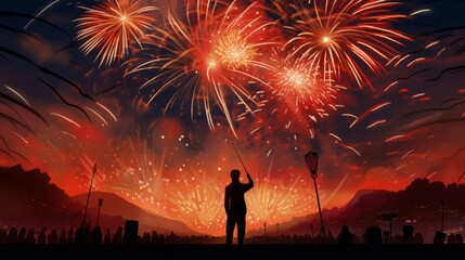 Silhouette of a Kid watching Beautiful midnight fireworks above the city, vector illustration. Child adores a stunning fireworks show. Kid watching Bright and colorful fireworks at a festival, art.