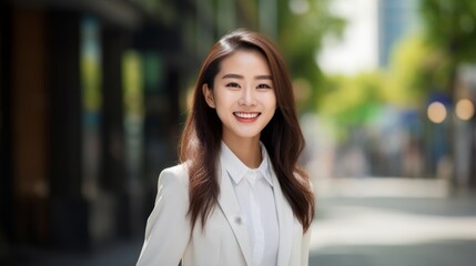 Fototapeta premium Happy young Asian businesswoman in the city. Portrait of a smiling Chinese female in a business suit standing outdoors on a summer day. Pretty Japanese girl in a classic suit walking outside.