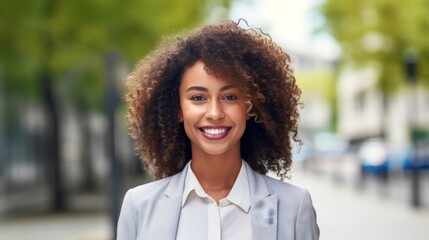 Smiling young African American businesswoman in the city. Portrait of a happy African female in a business suit standing outdoors on a summer day. Pretty African girl in a classic suit walking outside - obrazy, fototapety, plakaty