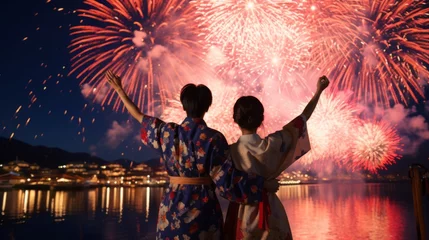 Fotobehang Silhouette of a Japanese couple in traditional Yukatas on a fireworks festival watching the Beautiful midnight fireworks. Young couple adores stunning fireworks show. Asian pair hugging outdoors. © Valua Vitaly