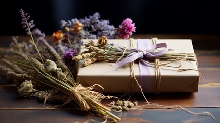 Obraz na płótnie Canvas A gift box adorned with dried flowers and twine, embodying rustic charm.