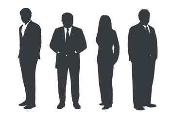 Business people group gray silhouettes pose on white background, flat line vector and illustration.