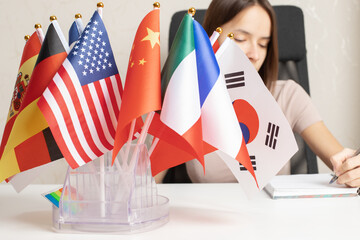 Student studying languages, young adult in a classroom with flags of different countries