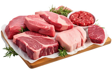 Amazing Pieces of Fresh Meat on a Wood Tray Isolated on Transparent Background PNG. - obrazy, fototapety, plakaty