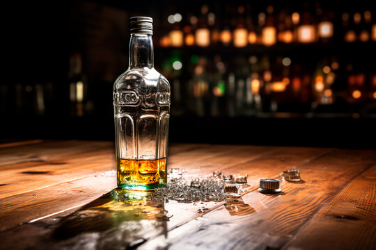 An alcohol kills. An empty alcohol bottle on a table on a bar background. The concept of alcohol dependence. An empty alcohol bottle on the table 