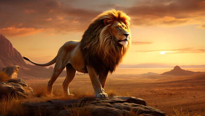 a lion standing in the desert at sunset - obrazy, fototapety, plakaty
