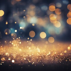 Golden light shine particles bokeh on navy blue background. Abstract background with Dark blue and...