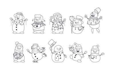 Christmas line art set. Fun and cute snowman characters in different expressions and poses, with Santa Claus hat, cylinder