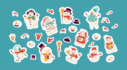 Set of Christmas stickers. Fun and cute snowman characters in different expressions and poses, with Santa Claus hat, cylinder