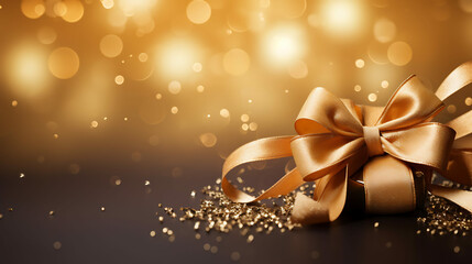Christmas background with decoration and luxurious golden ribbon