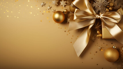 Christmas background with decoration and luxurious golden ribbon