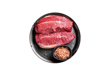 Raw wagyu oyster top blade steaks, organic beef meat. Dark background. Top View