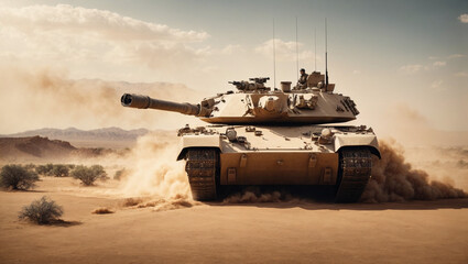A desert battlefield witnesses the power of an armored tank during an epic war invasion, resulting in a captivating wide poster design with room for your text.