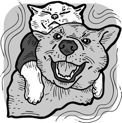 Funny lovely home animals happy playing together. For pet shop or kids room, logo design, party invitation, postcard for friend. Hand drawn illustration. Cartoon style character vector drawing.