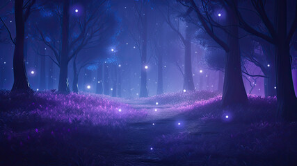 Mystical foggy gold forest with brick road, a little elf girl and fireflies light background. Magic gold colored fairytale woodland, in the night forest. Fairy tale concept. AI