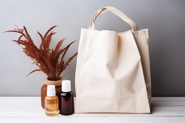 Eco-friendly cotton reusable bag with cosmetics bottles