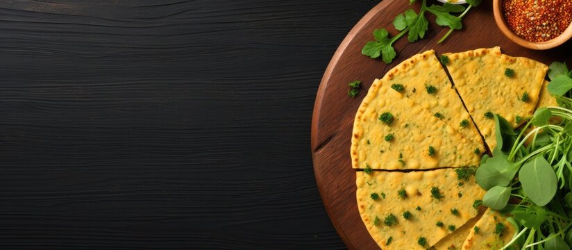 Top view of gluten free chickpea flatbread made with socca on a cutting board over a green background