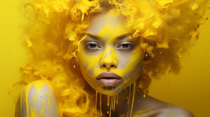 Portrait of a gorgeous and sensual girl in yellow clothing. Close up girl face with yellow oil splashes on it. Yellow color concept. Fashion portrait of a woman with yellow hair on abstract background - obrazy, fototapety, plakaty