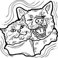 Funny lovely home animals happy playing together. For pet shop or kids room, logo design, party invitation, postcard for friend. Hand drawn illustration. Cartoon style character vector drawing.