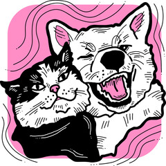 Funny lovely home animals happy playing together. For pet shop or kids room, logo design, party invitation, postcard for friend. Hand drawn illustration. Cartoon style character vector drawing.