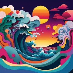 A Surreal Dreamlike Ocean Scene with Billowing Waves in Pop Art Style