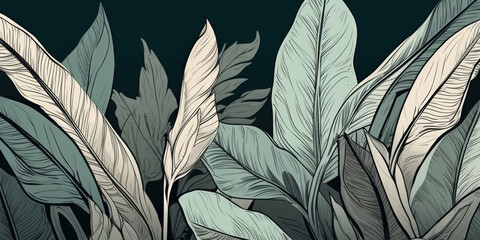 Tropical Green Leaves on a Black Background, watercolor, art. Banana Leaf Pattern. Banana Palm Leaves