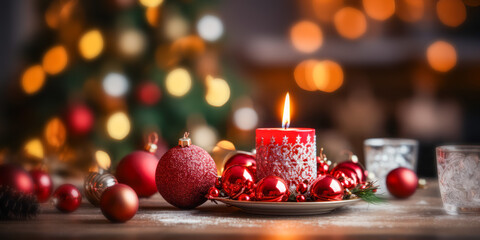 Christmas And New Year Background With Red Candle And Beautiful Christmas Baubles.