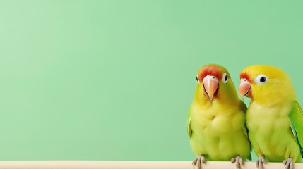 a parrot lovebird isolated on green background, with empty copy space