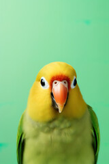 a parrot lovebird isolated on green background, with empty copy space