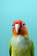 a parrot lovebird isolated on green background, with empty copy space
