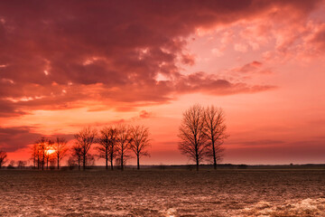 Landscape sundown in river valley, Poland Europe, amazing red sky and trees autumn time Poland...