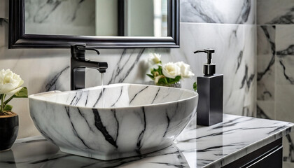 White marble sink featuring prominent black veining, accompanied by a black soap dispenser, and a tall mirror complemented by silver towel racks on the right
