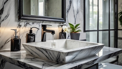 White marble sink featuring prominent black veining, accompanied by a black soap dispenser, and a tall mirror complemented by silver towel racks on the right - obrazy, fototapety, plakaty