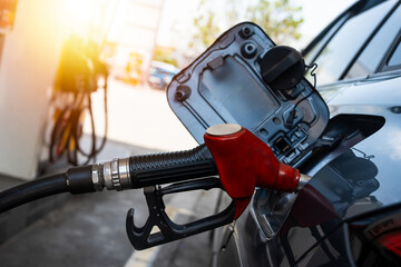 Petrol pump filling fuel nozzle in fuel tank of car at gas station. Petrol industry and service....