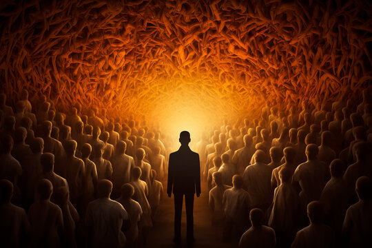 Social depression, sociophobia as a mental disorder in a person's mind. Artistic representation above and around the person's head. Conceptual image