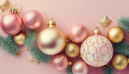 Gorgeous Christmas ornaments. A seasonal background featuring pastel colors and gold