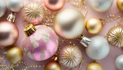 Fototapeta na wymiar Gorgeous Christmas ornaments. A seasonal background featuring pastel colors and gold