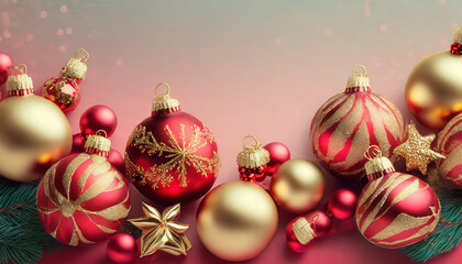 Gorgeous Christmas ornaments. A seasonal background featuring pastel colors and gold