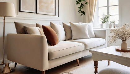 Detailed view of a cloth couch adorned with white and terracotta cushions. Modern living room design with a French country home interior style