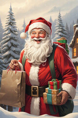 Illustration painting of santa claus on winter Christmas eve