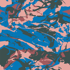 Stroke camo seamless pattern. Brush camouflage. Urban color blue with red paint background. Freehand artistic texture. Hand drawn artistic design wallpaper. Hand drawn expressionism style. Vector 