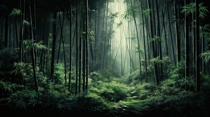 A panoramic view of a bamboo forest, the tall stalks swaying gracefully in unison.